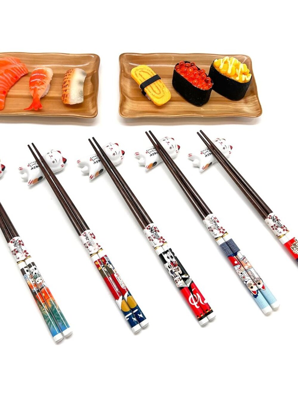Wooden Chopsticks Reusable 5 Pairs Gift Set with 5pcs porcelain rest Lucky Cat D - Picture 3 of 9